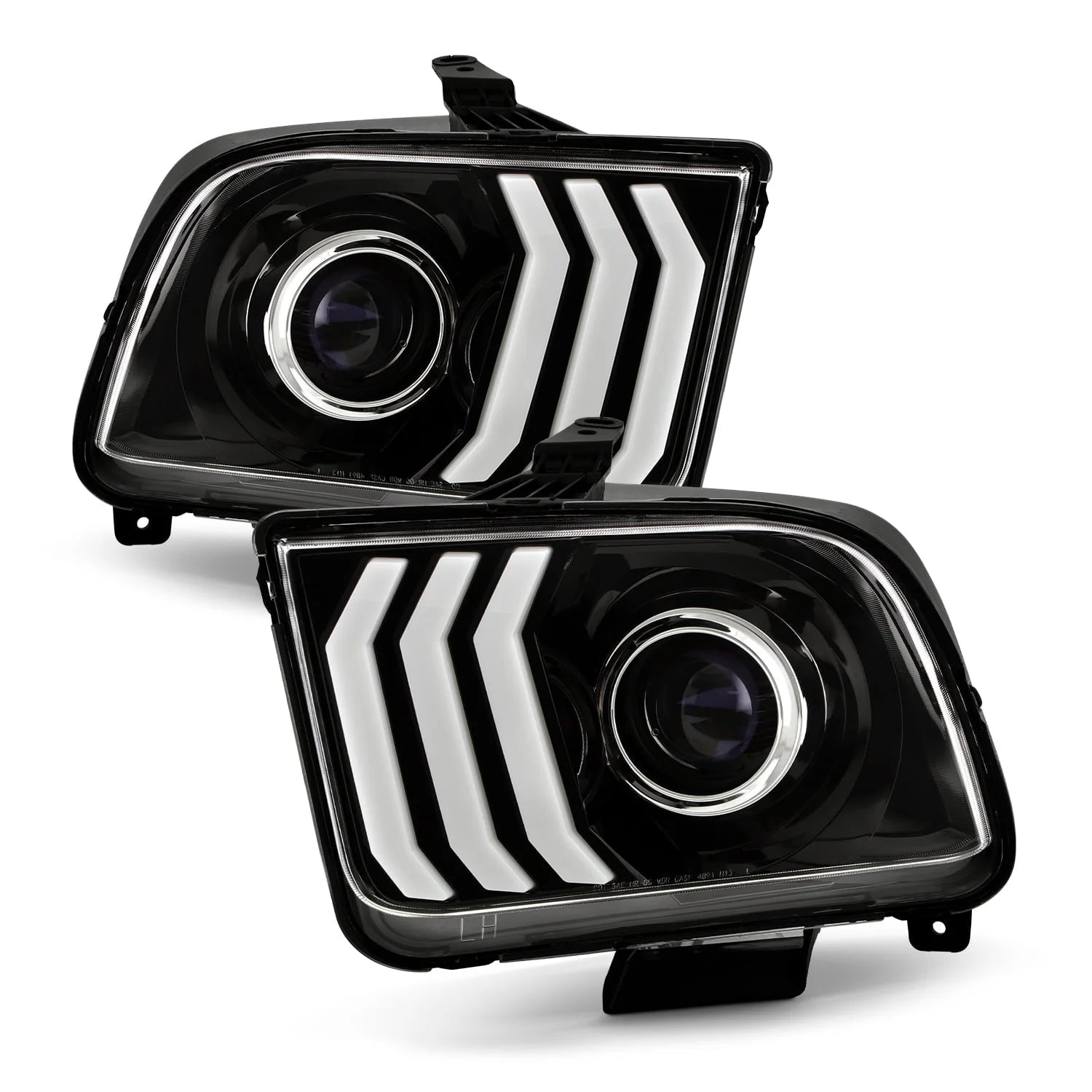 AKKON - Fits 2005-2009 Ford Mustang LED Tube DRL Parking Halogen Type Projector Black Headlights Pair Driver+Passenger