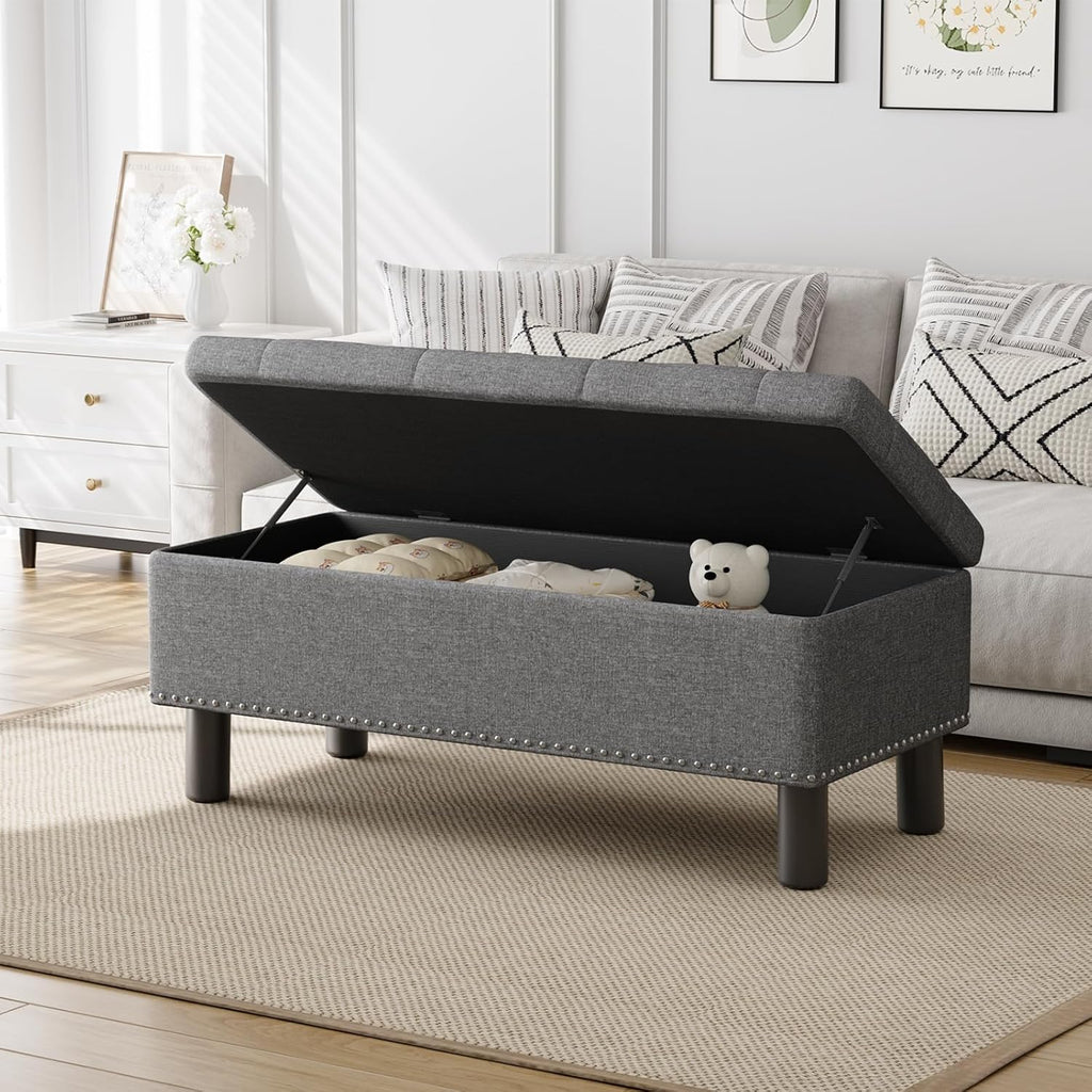 Furniliving Modern Storage Ottoman Bench, Sherpa Ottoman End of Bed Bench with Solid Wood Legs Upholstered Ottoman Benches with Storage Indoor Bench for Living Room with Rolled Arm, Entryway, White