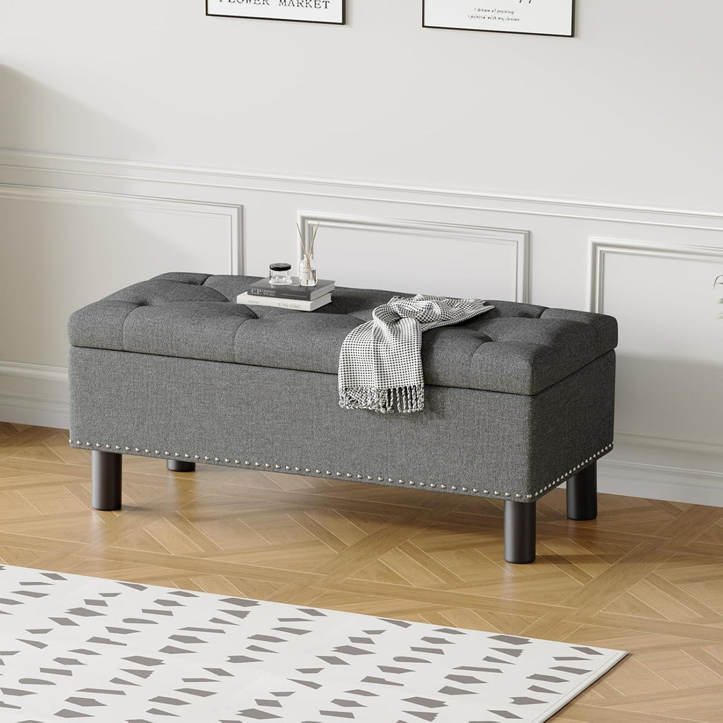 Furniliving Modern Storage Ottoman Bench, Sherpa Ottoman End of Bed Bench with Solid Wood Legs Upholstered Ottoman Benches with Storage Indoor Bench for Living Room with Rolled Arm, Entryway, White