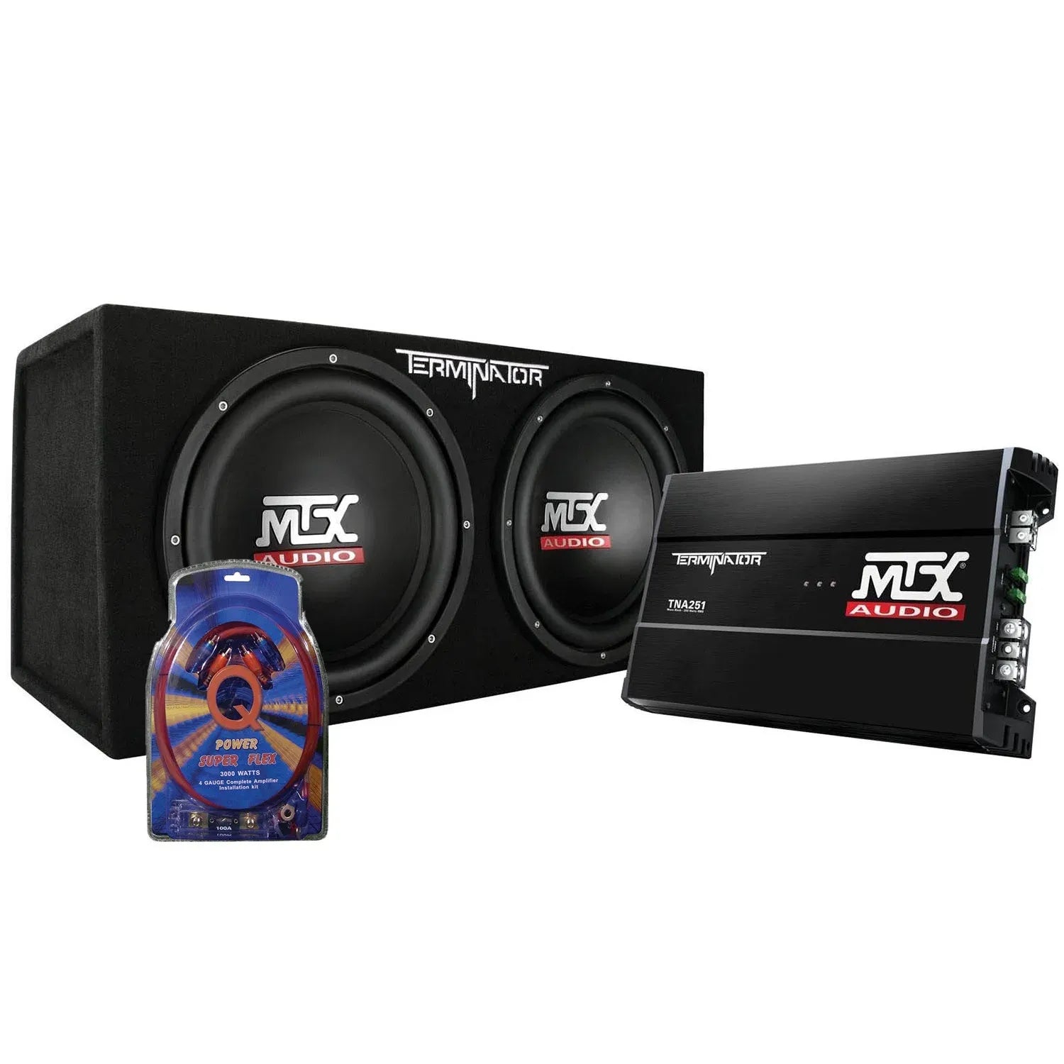 MTX 12 Dual Loaded Car Subwoofer w/Sub Box, Amplifier, & QPower Wiring Kit