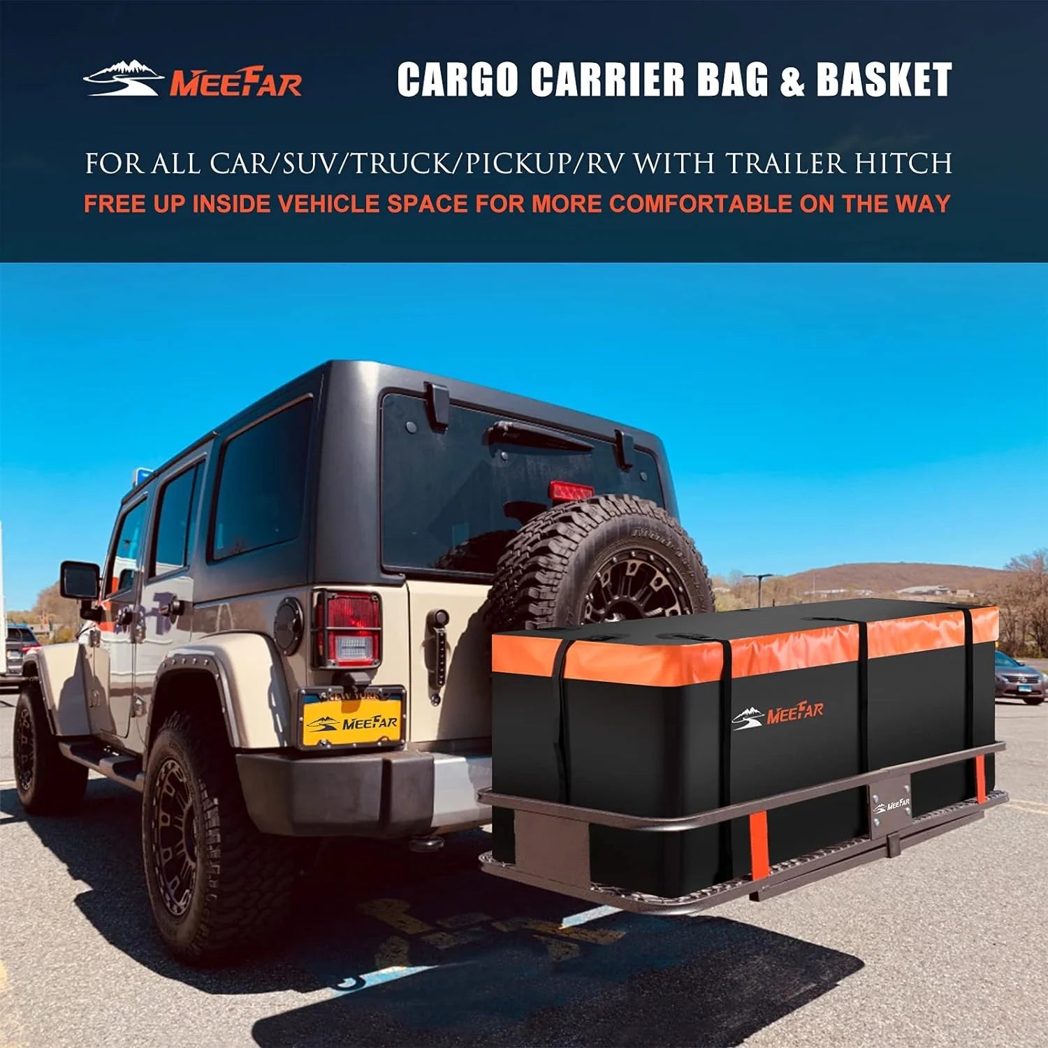 Folding hitch mounted cargo basket 60 With hook stabilizer, net and straps
