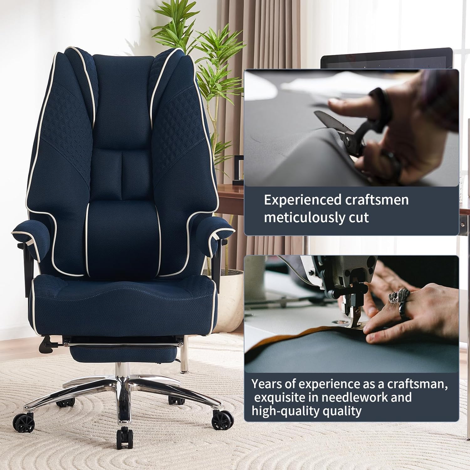 Large Tall Office Chair 400 lbs Wide Seat, Leather High Back Executive Office Chair with Footrest, Ergonomic Office Chair Lumbar Support to Relieve Lower Back Pain (Beige)