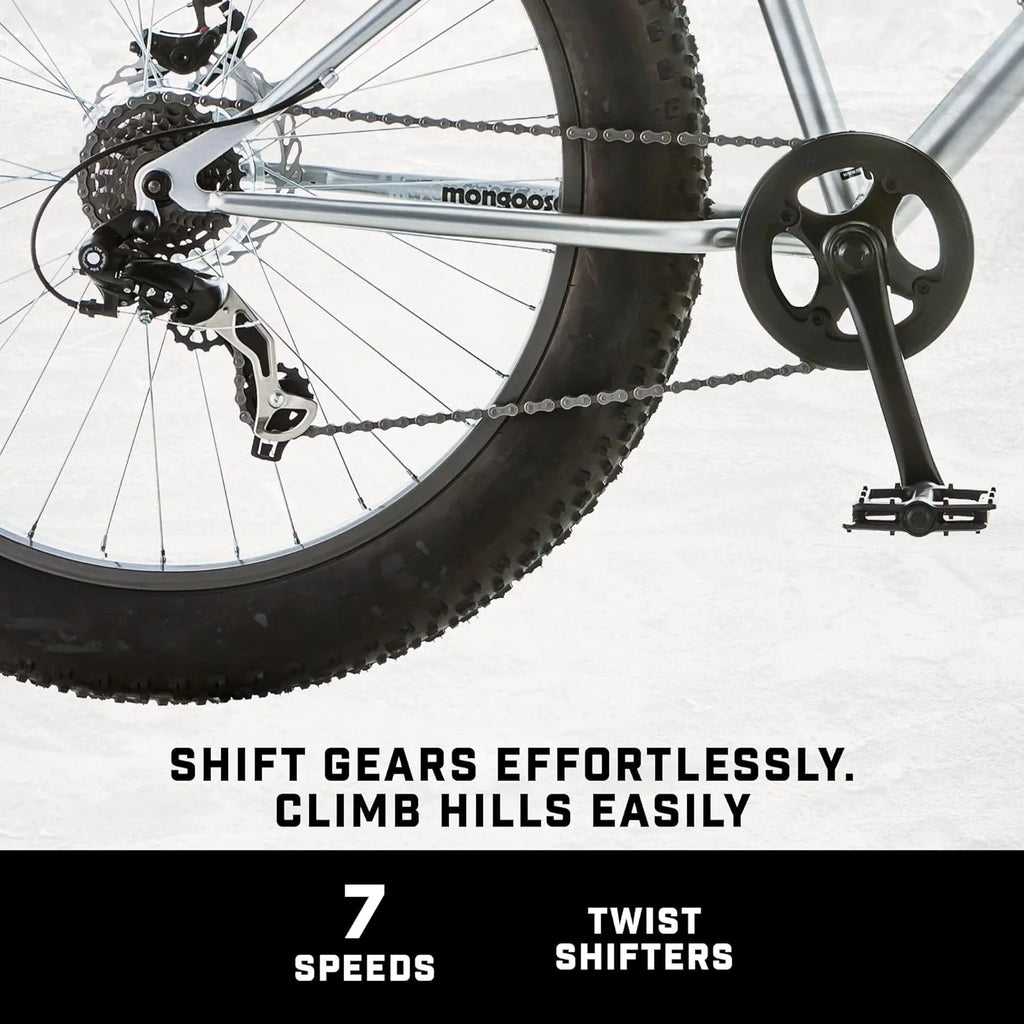 Mongoose Malus Mens and Women Fat Tire Mountain Bike, 26-Inch Bicycle Wheels, 4-Inch Wide Knobby Tires, Steel Frame, 7 Speed Drivetrain, Shimano Rear Derailleur, Disc Brakes