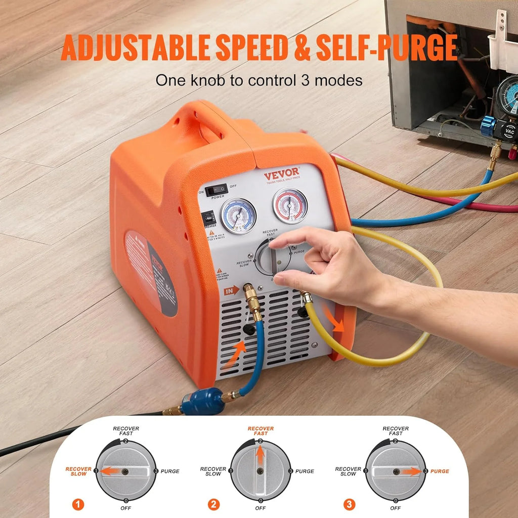 1 HP Refrigerant Recovery Machine - Dual Cylinder Portable AC Recovery Machine with High Pressure Protection 120V 60Hz Recovery Machine HVAC for Vapor Liquid Refrigerant, Car Air Conditioning