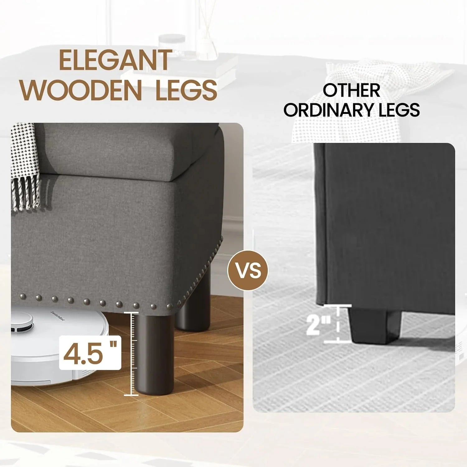 Furniliving Modern Storage Ottoman Bench, Sherpa Ottoman End of Bed Bench with Solid Wood Legs Upholstered Ottoman Benches with Storage Indoor Bench for Living Room with Rolled Arm, Entryway, White