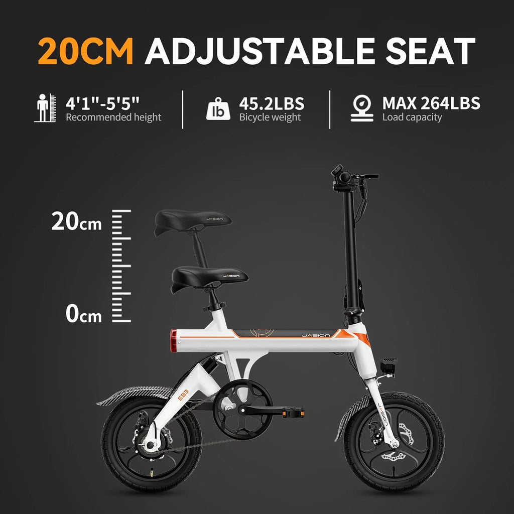 Jasion EB3 Electric Bike Adults 21mph, 500W Peak Motor, 270Wh Battery, Rear Suspension, 3 Levels Assist, 14′′ Folding Ebike for Adults and Teens, Complies to UL2849