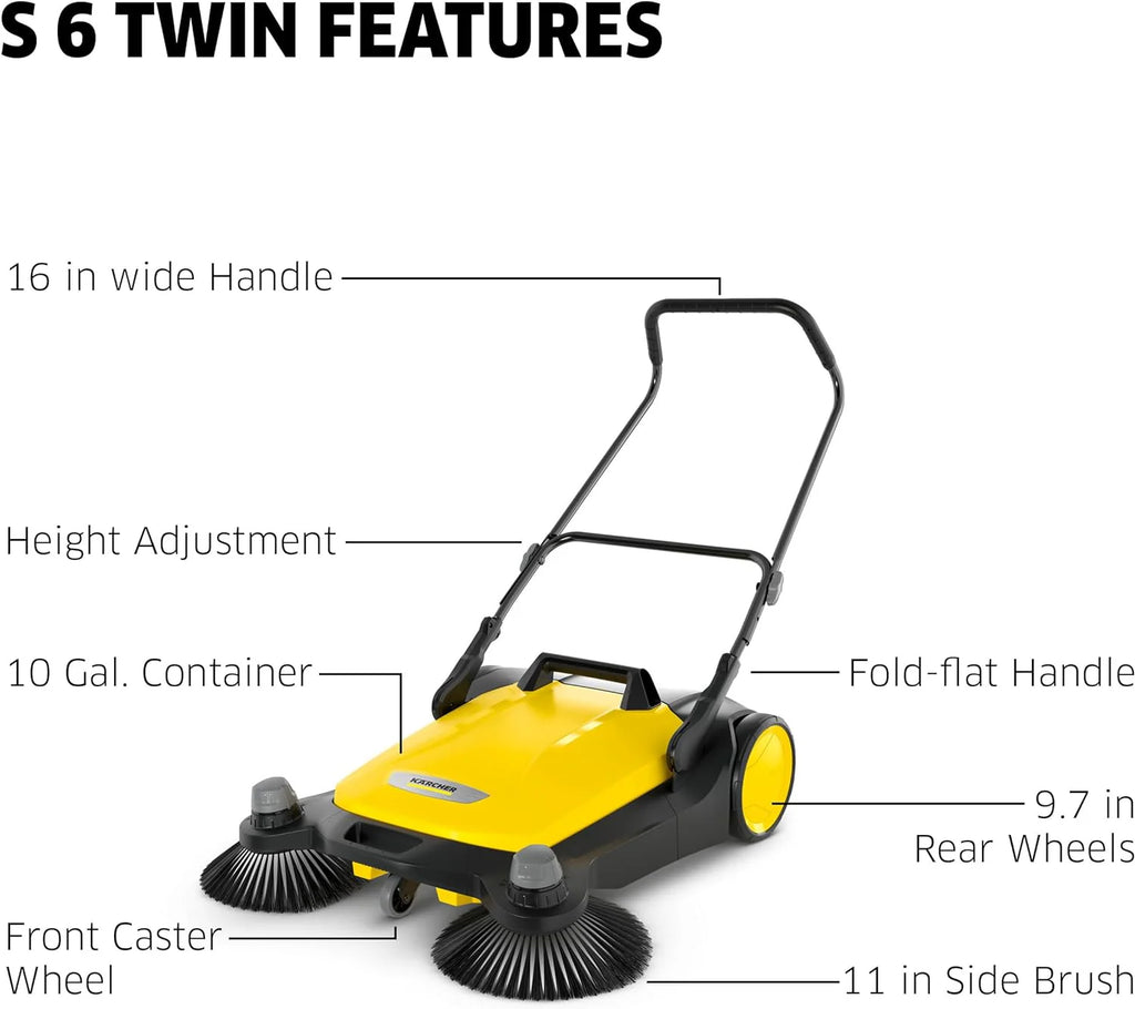S 6 Twin Walk-Behind Outdoor Hand Push Floor Sweeper - 10 Gallon Capacity - 33.9 Sweeping Width - Sweeps up to 32,300 Square Feet/Hour