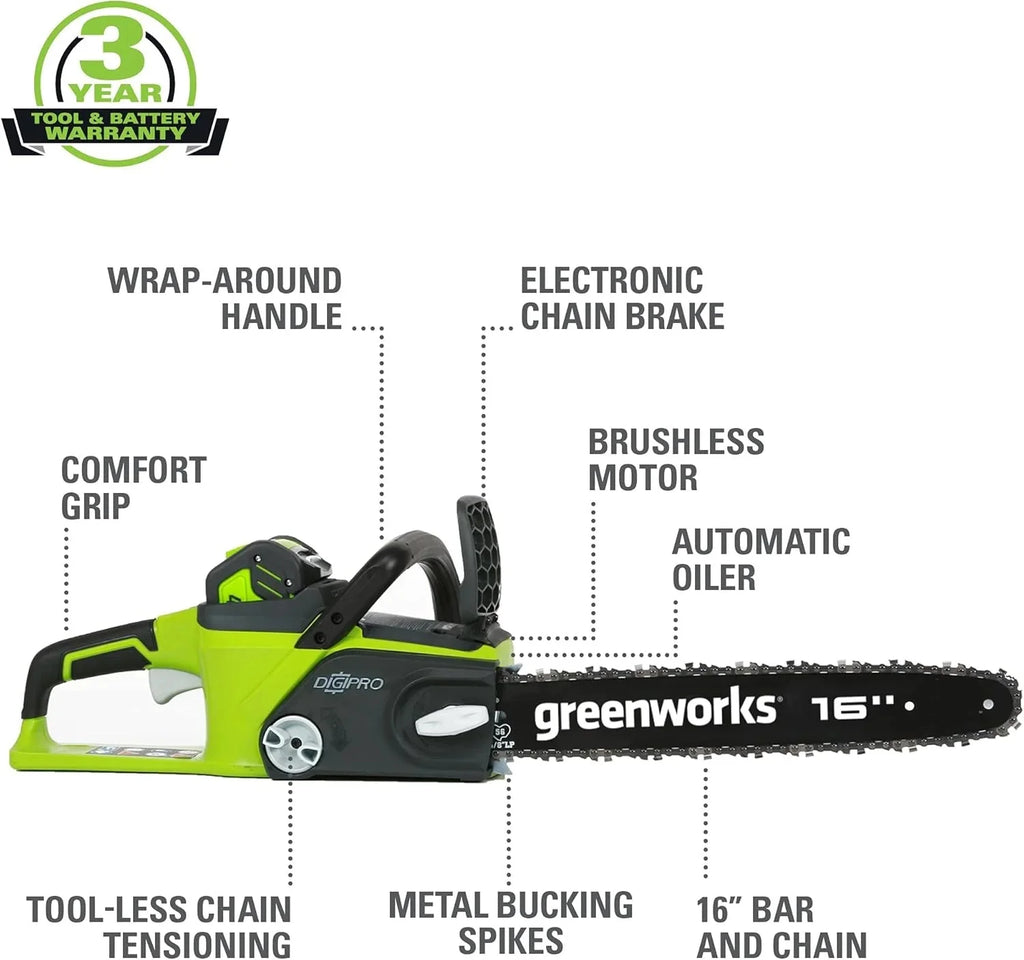 Greenworks 40V 16 Brushless Cordless Chainsaw, 4.0Ah Battery and Charger Included