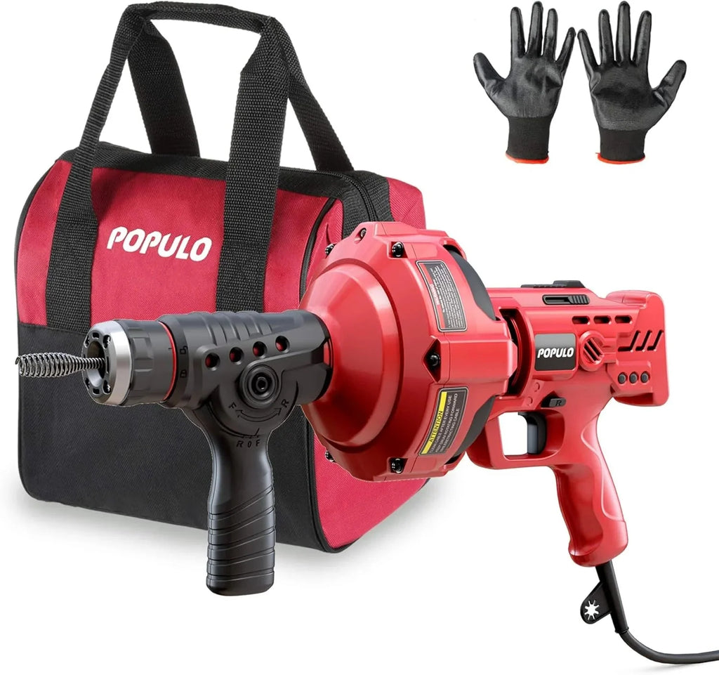 POPULO 20V Cordless Electric Drain Auger-Efficient 25Ft Auto-Feed Drain Snake with Replaceable Cable,2.0Ah Battery,Charger,Storage Bag & Gloves for Kitchen,Bathroom,Shower Pipes (3/4-2)