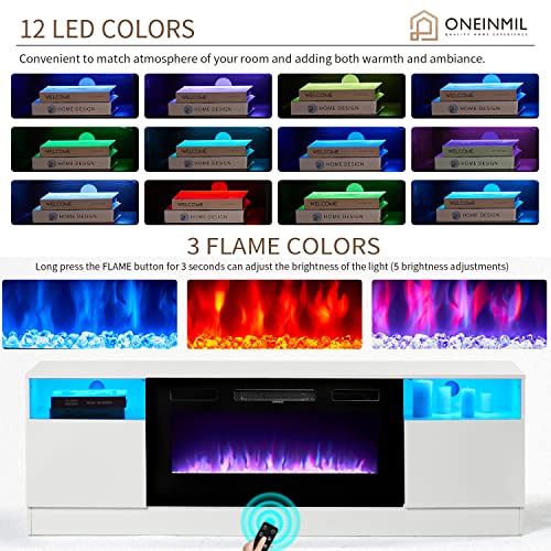 Oneinmil Fireplace TV Stand with 36 Electric Fireplace, LED Light Entertainment Center, Modern Wood, White