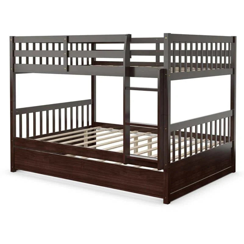 Solid Wood Full Over Full Bunk Bed Frame With Trundle Safety Ladder Amp Guardrails Convertible Bunk Bed For Kids Teens