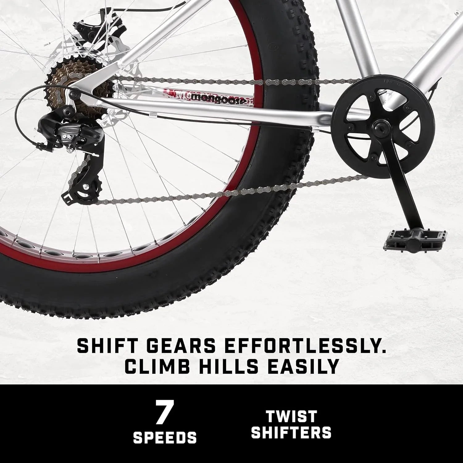 Malus Mens and Women Fat Tire Mountain Bike, 26-Inch Bicycle Wheels, 4-Inch Wide Knobby Tires, Steel Frame, 7 Speed Drivetrain, Shimano Rear Derailleur, Disc Brakes