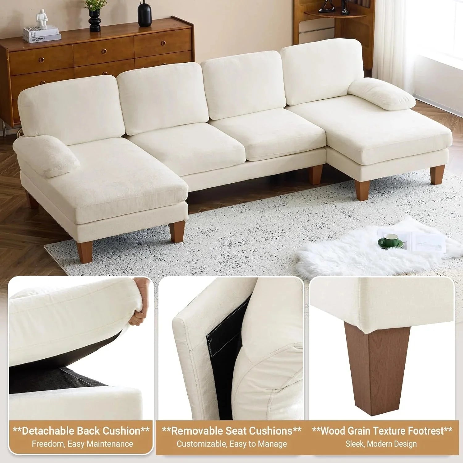 VINGLI 110 Sectional Couches for Living Room,U Shaped Couch with Double Chaise, 4-Seat Sofa Set with Chenille Fabric for Home Furniture,Beige