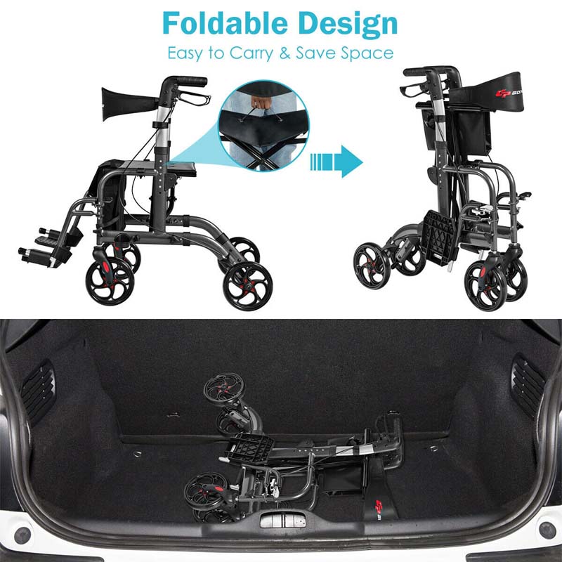 2 In 1 Rollator Walker Wheelchair Folding Medical Walker Aluminum Transport Chair Mobility Walking Aid - Comfortable And Ergonomic Design