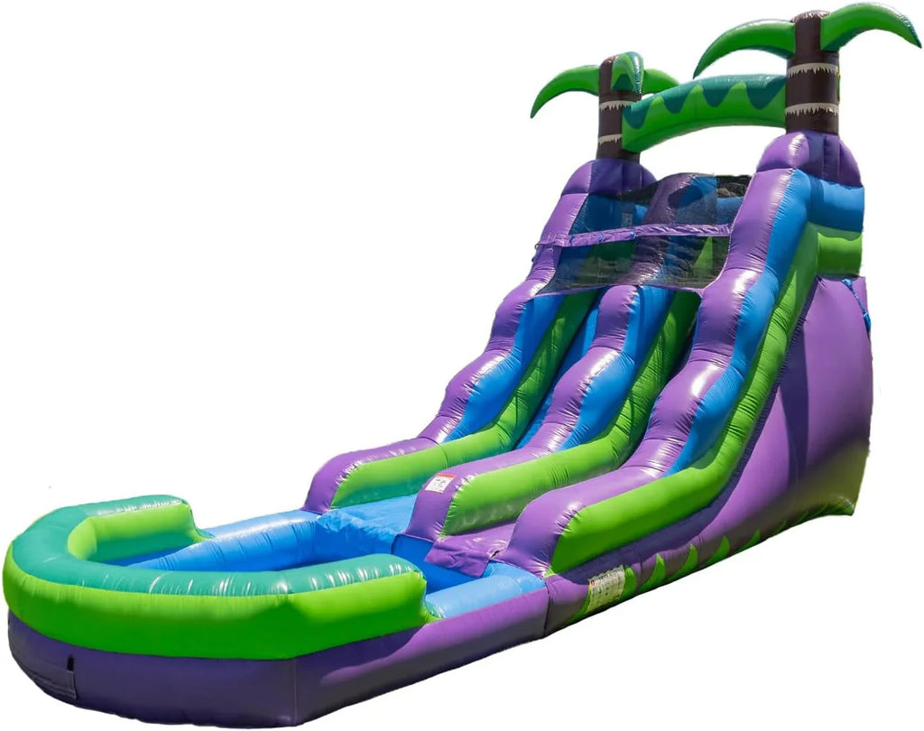 HeroKiddo 16' Purple Tropical Lightweight Premium Commercial Grade Water Slide Inflatable with Attached Pool for Kids and Adults (with Blower), Wet Dry Use, Summer Fun