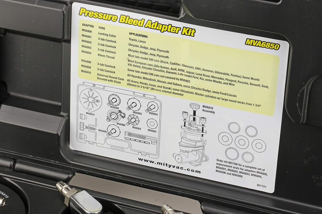 MV6840 Professional Hydraulic Brake and Clutch Pressure Bleeding System, Integrated Safety and Pressure Relief Valve, 7 Master Cylinder Adapters and Storage Case