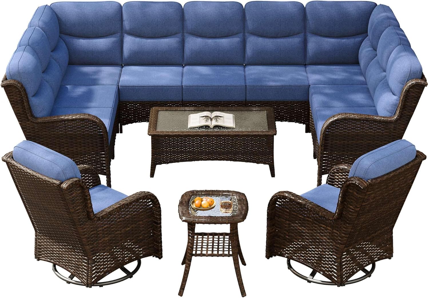 Outdoor Swivel Rocker Patio Chairs with 6-Inch Thick Cushions and Side Table, 3PCS High Back Wicker Patio Furniture Set for Porch, Balcony, Deck and Yard in Blue