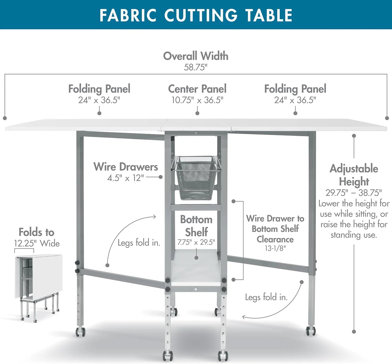 Sew Ready Hobby Cutting Table, 58.75x36.5, White/Silver