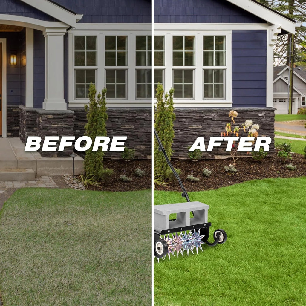 18-Inch Push Spike Aerator, Heavy Duty Rolling Lawn Aerator, Rotary Spike Lawn Aerator, Manual Lawn Aeration Equipment with Steel Handle, Suitable for Lawn, Garden, and Yard Grass Aeration
