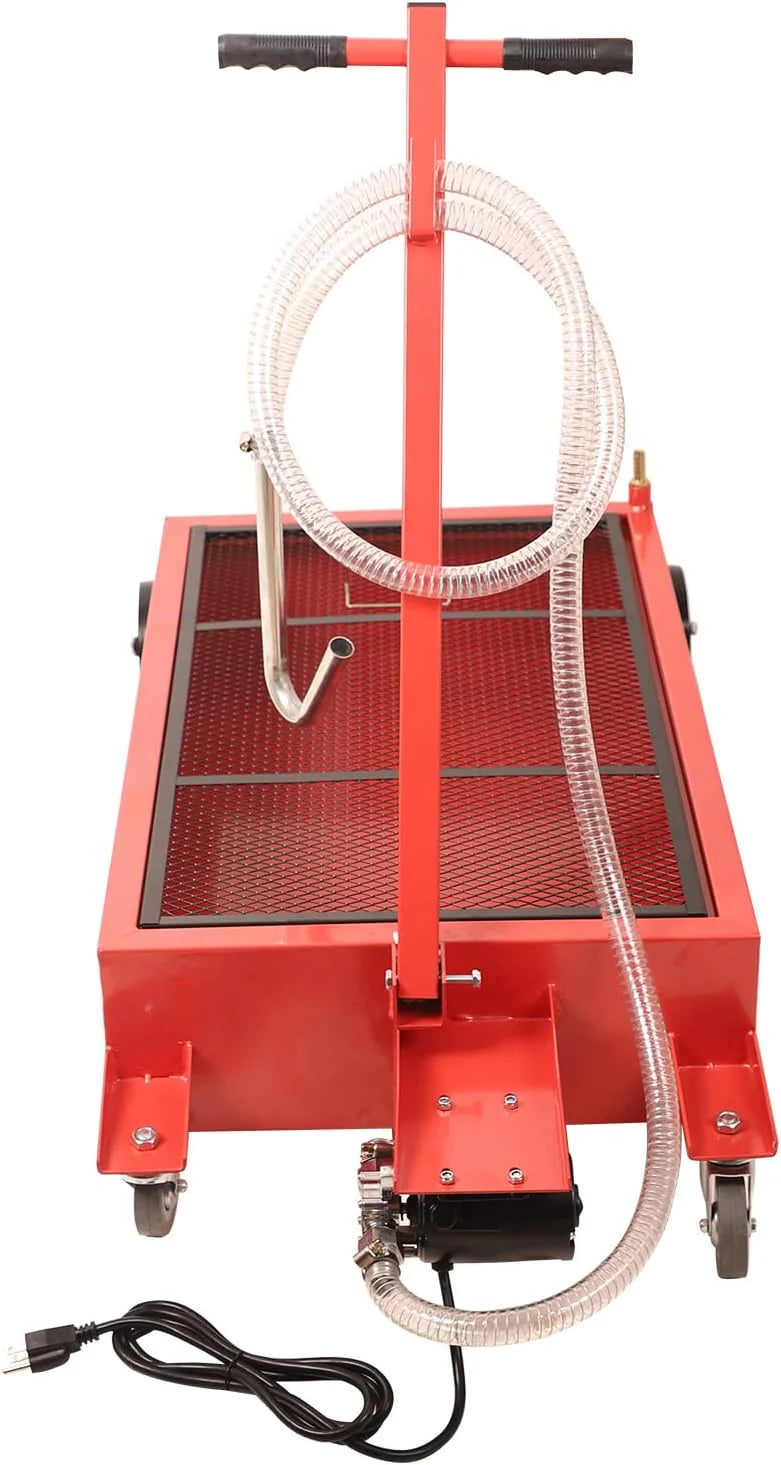 20 Gallon Low Profile Roll Around Oil Drain Pan with 110V Electric Pump 8 Feet Hose for Trucks Cars SUVS Red