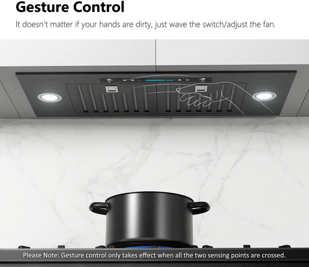 30 inch Built-in/Insert Range Hood 900 CFM, Ducted/Ductless Convertible Duct, Stainless Steel Kitchen Vent Hood with 4 Speed Gesture Sensing&Touch Control Panel(IKB01-30)
