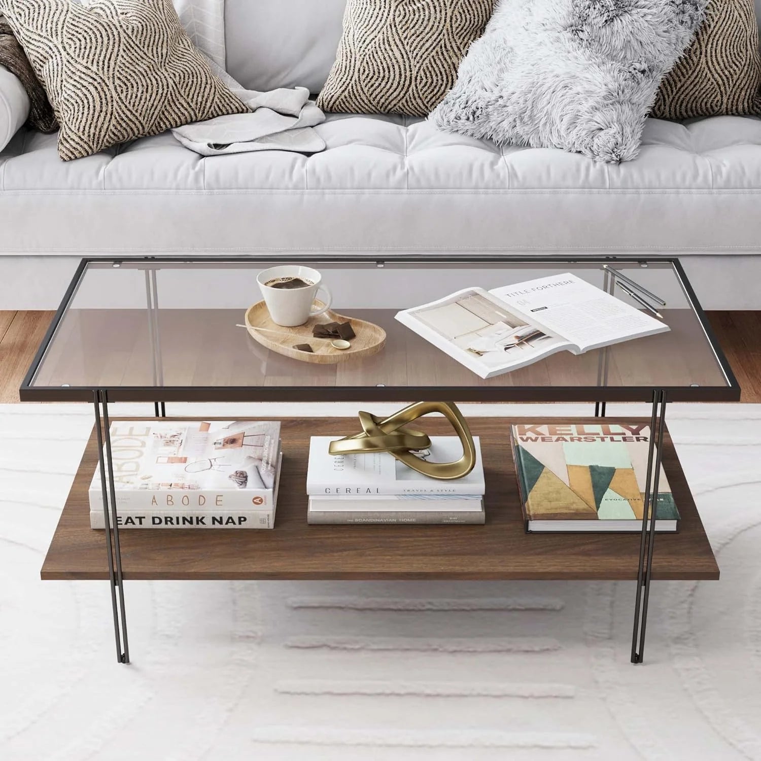 Nathan James Sonia Coffee Table with Storage Shelf, Light Wood/Rattan