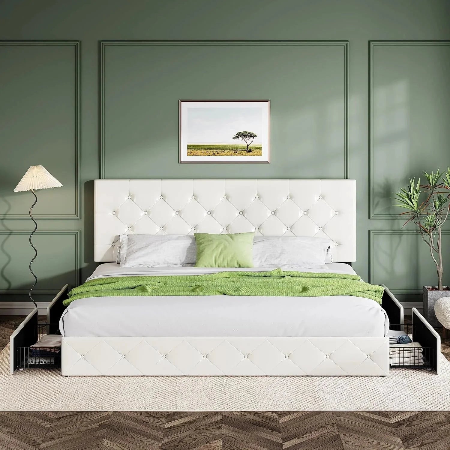 Allewie Upholstered Queen Size Platform Bed Frame with 4 Storage Drawers and Headboard, Square Stitched Button Tufted, Mattress Foundation with Wooden Slats Support, No Box Spring Needed, Light Grey