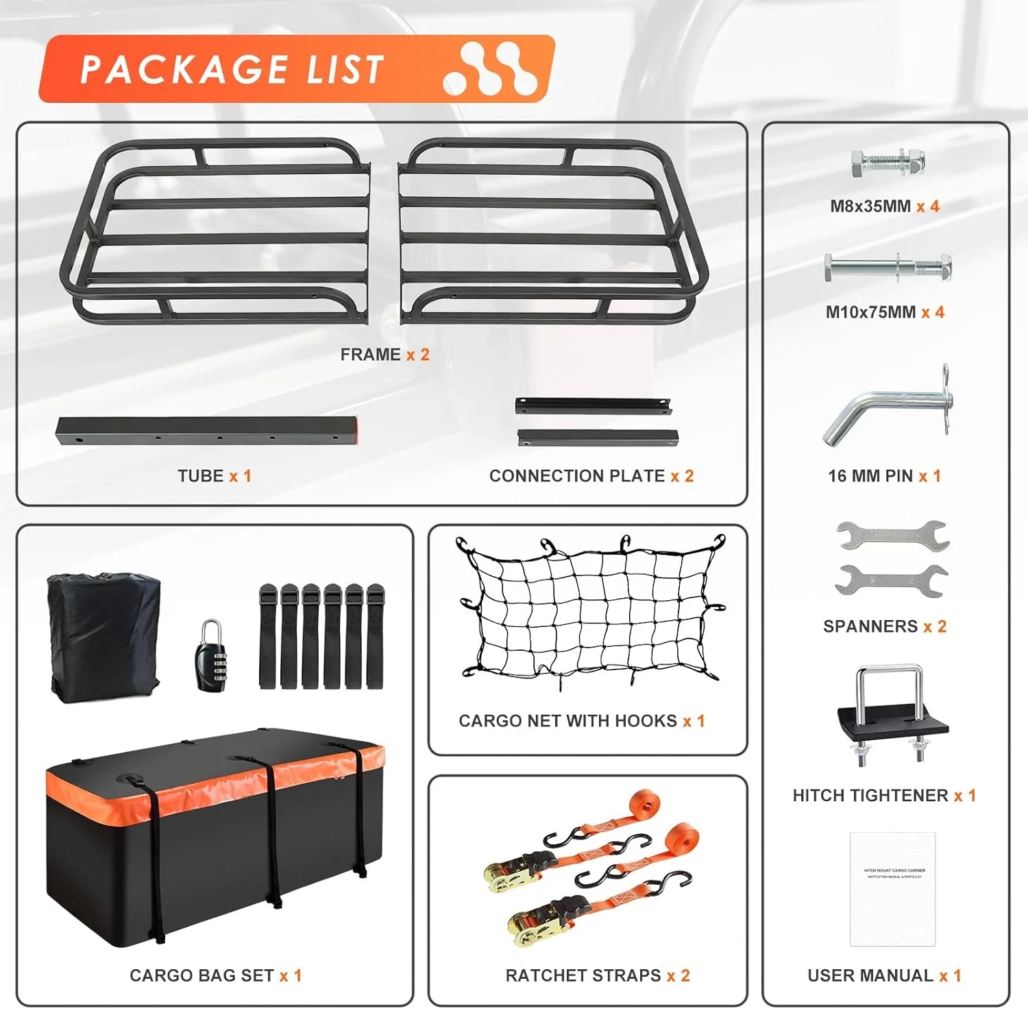 Folding hitch mounted cargo basket 60 With hook stabilizer, net and straps