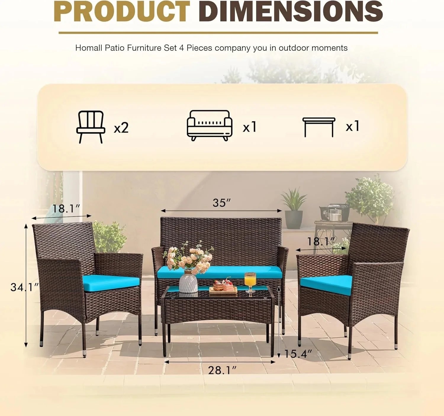 4 Pieces Patio Rattan Chair Wicker, Outdoor Indoor Use Backyard Porch Garden Poolside Balcony Furniture Sets (Red)