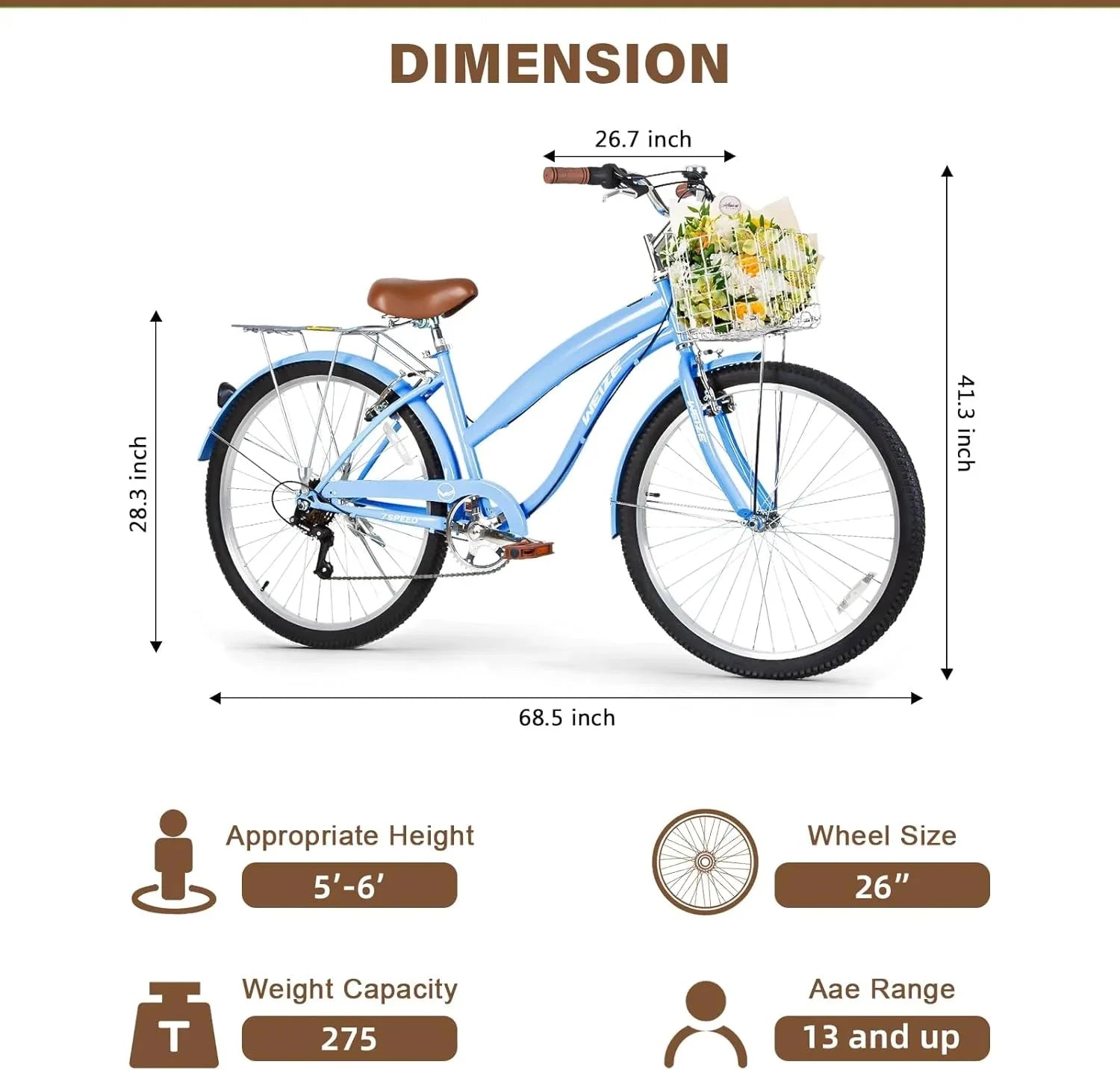 WEIZE Beach Cruiser Bike, 26 inch Commuter Bicycle for Adult Men and Women, 7-Speed/High-Carbon Steel/Front & Rear Fenders, Comfortable City Bikes with Rear Rack or Basket, Ergonomic Upright Design