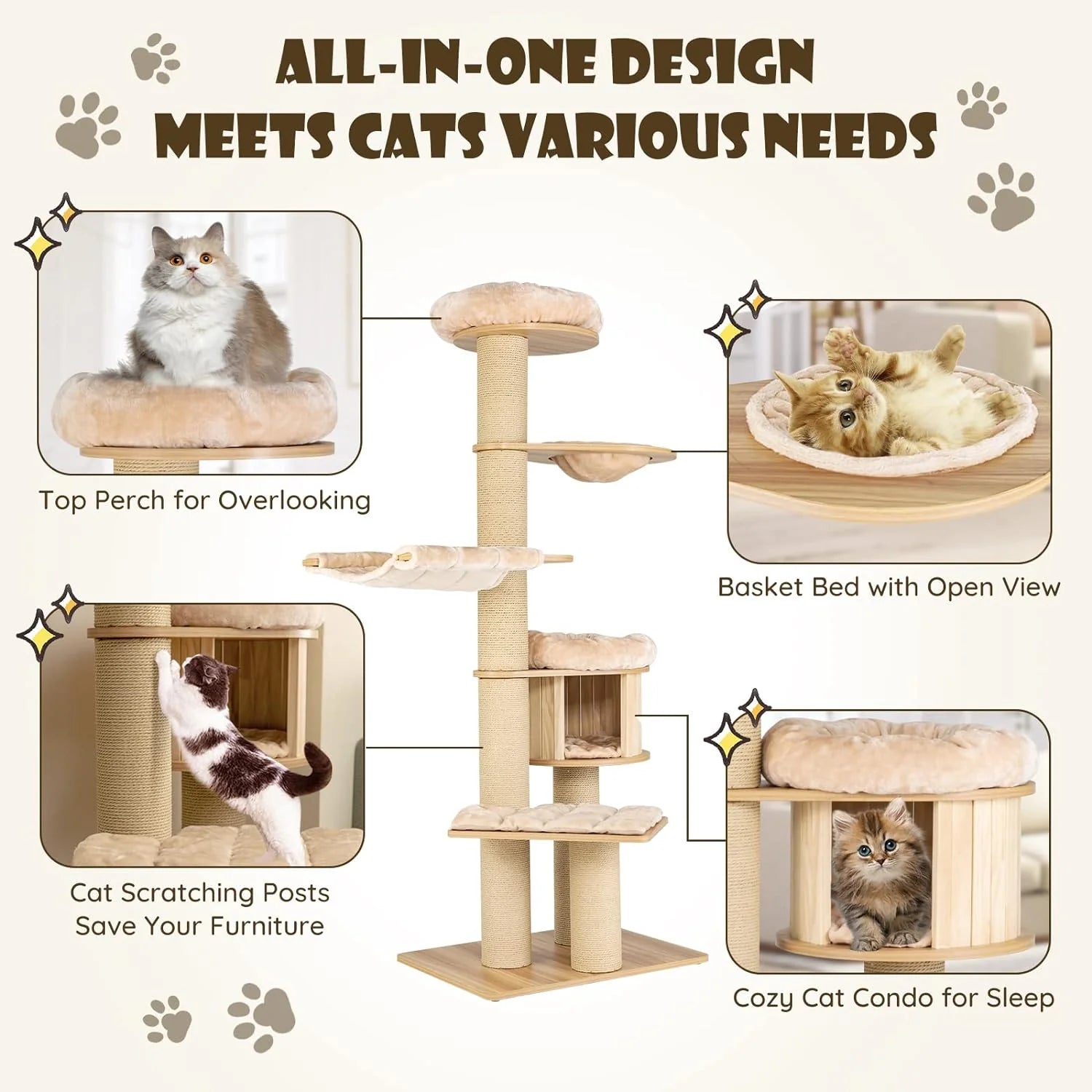 Large cat tree, multi-level tower with sisal posts, hammock, hanging basket and removable washable mats, perfect for large cats