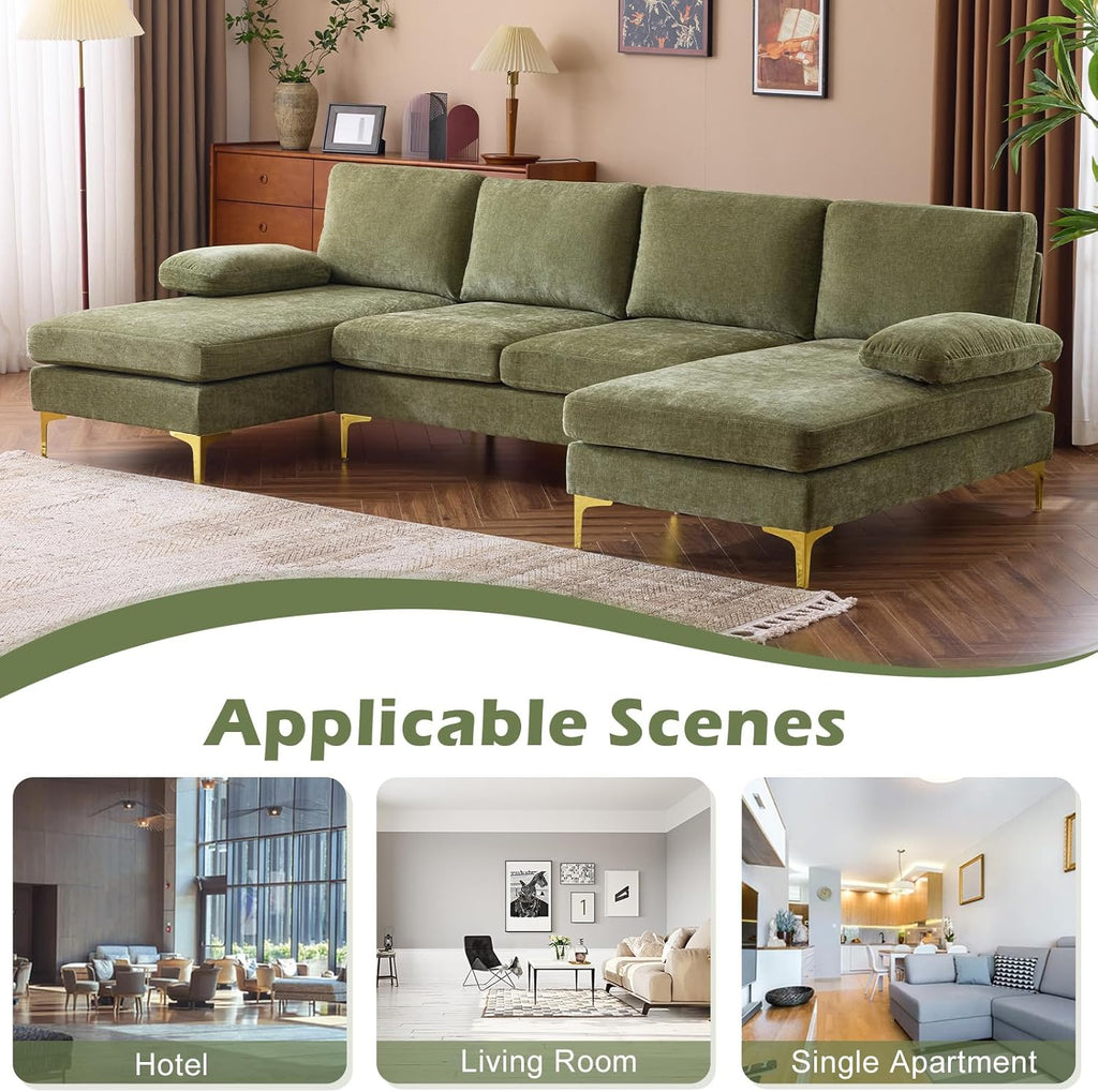 VINGLI 110 Sectional Couches for Living Room,U Shaped Couch with Double Chaise, 4-Seat Sofa Set with Chenille Fabric for Home Furniture,Beige