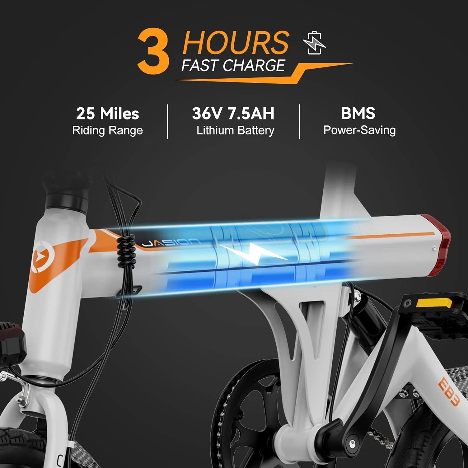 Jasion EB3 Electric Bike Adults 21mph, 500W Peak Motor, 270Wh Battery, Rear Suspension, 3 Levels Assist, 14′′ Folding Ebike for Adults and Teens, Complies to UL2849