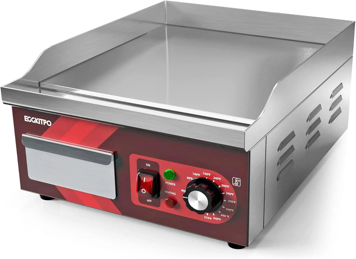 14 Inch Electric Griddle, Non-Stick Flat Top Grill Commercial Electric Countertop Griddles Stainless Steel Adjustable Temperature Control 90F-575F for Home or Restaurant Use