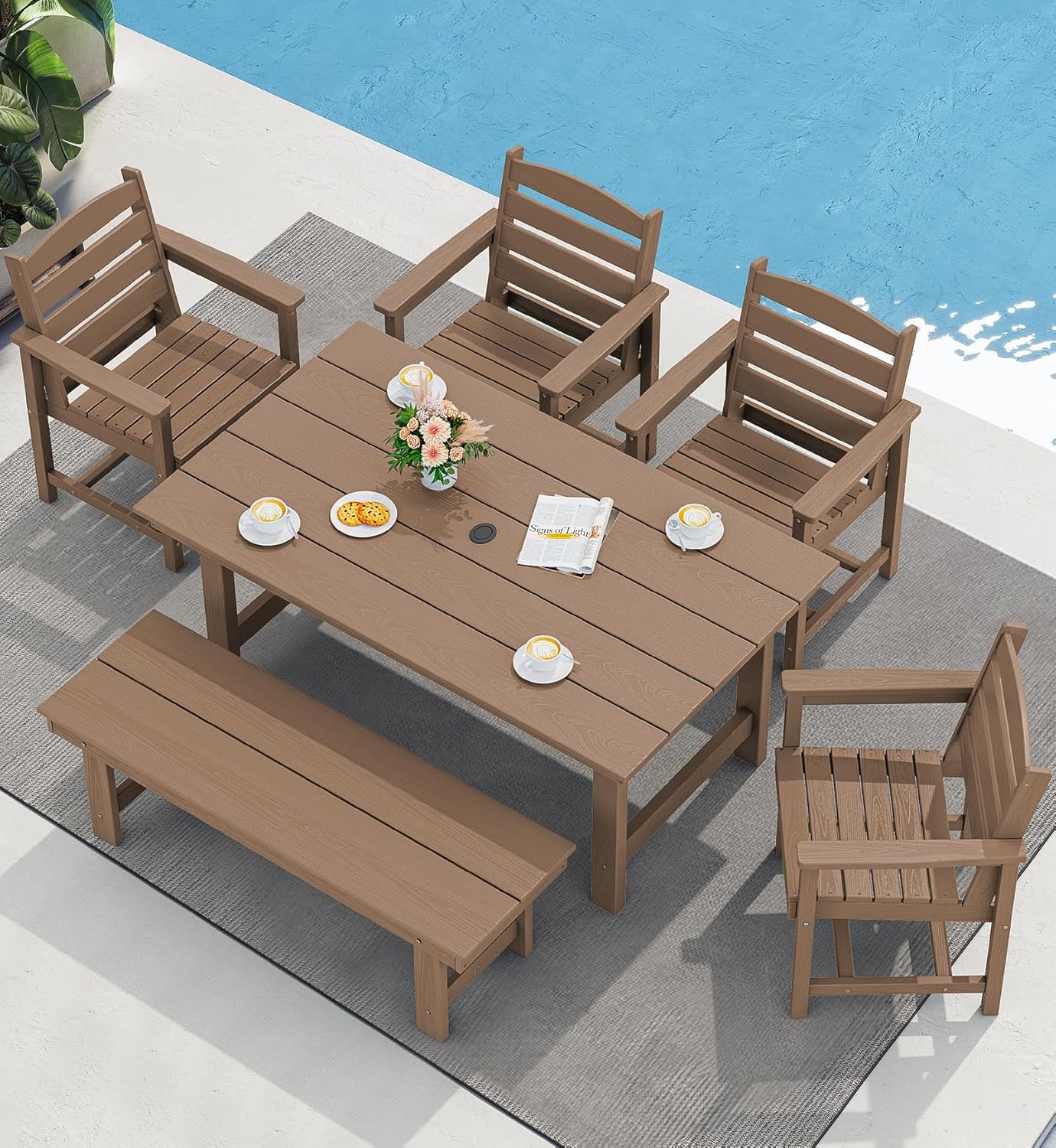 SERWALL 7-Piece Patio Table Set, Outdoor HDPE Dining Furniture with Umbrella Hole, All Weather Table and Chairs for Lawn, Garden, Poolside, Aruba