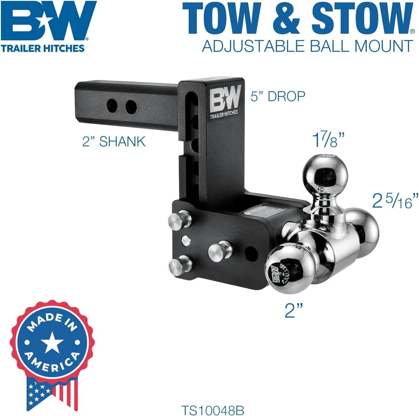 Tow & Stow Adjustable Trailer Hitch Ball Mount - Fits 2 Receiver, Tri-Ball (1-7/8 x 2 x 2-5/16), 5 Drop, 10,000 GTW - TS10048B