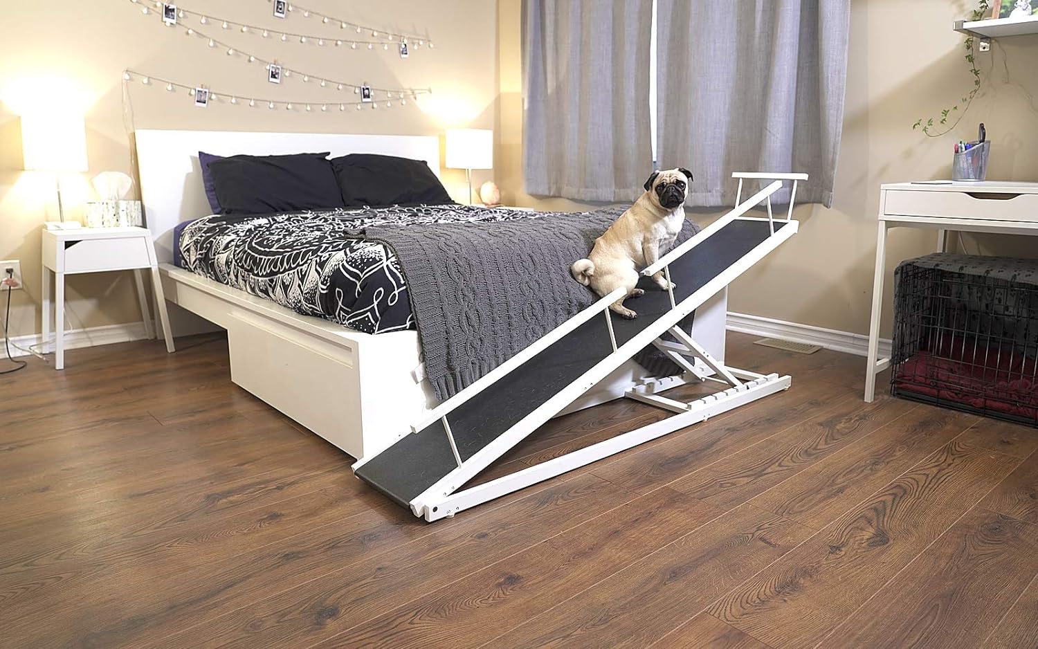 Dog Ramp for Beds - Adjustable up to 37 High Beds with Low Incline, Safety Rails & Anti-Slip Grip, for Small Dogs up to 50lbs - Solid Hardwood, Made in North America