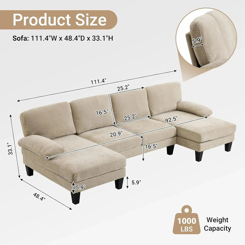 VINGLI 110 Sectional Couches for Living Room,U Shaped Couch with Double Chaise, 4-Seat Sofa Set with Chenille Fabric for Home Furniture,Beige