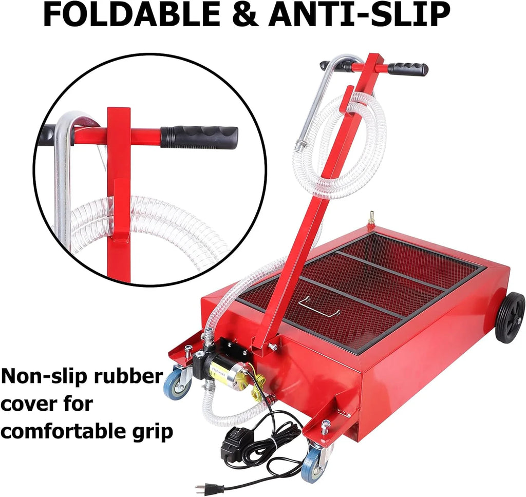 20 Gallon Low Profile Roll Around Oil Drain Pan with 110V Electric Pump 8 Feet Hose for Trucks Cars SUVS Red