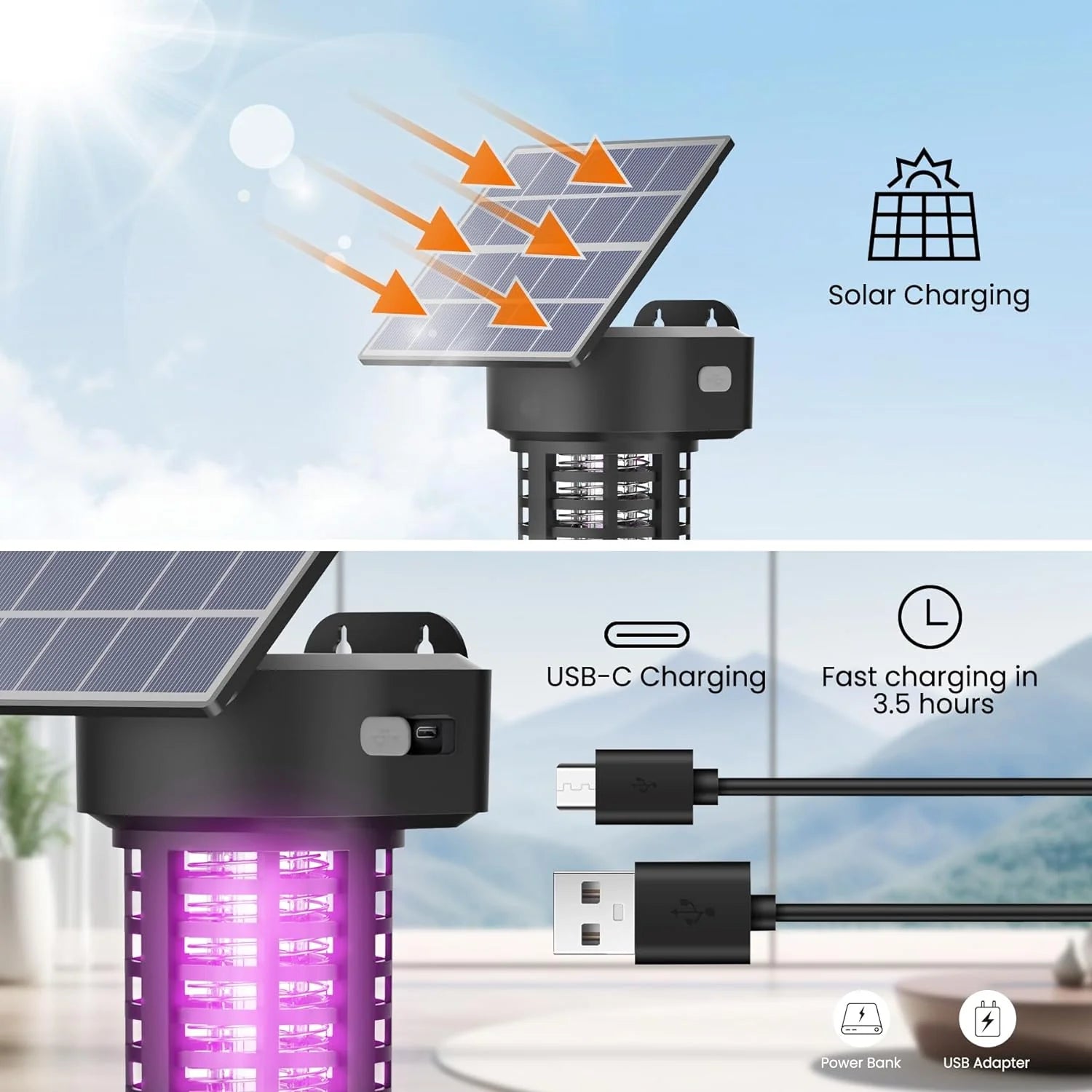 Solar Bug Zapper Outdoor Mosquito Trap Killer Mosquito Killer LampCordless & Rechargeable Fly Zapper Mosquito Catcher Lamp Decor Light for Patio Garden