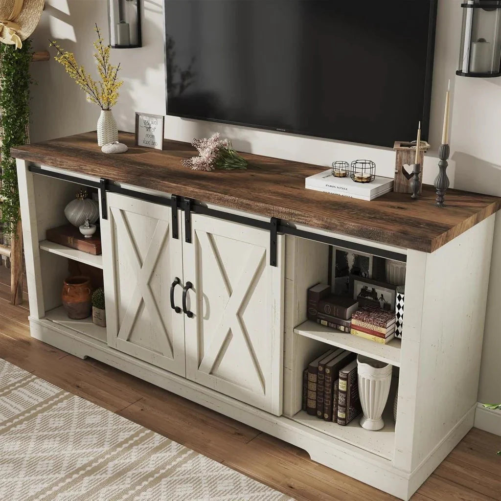 AMERLIFE Fireplace TV Stand with Sliding Barn Door for TVs up to 73, Farmhouse 63 Fireplace Entertainment Center with Storage Cabinets/Adjustable Shelves