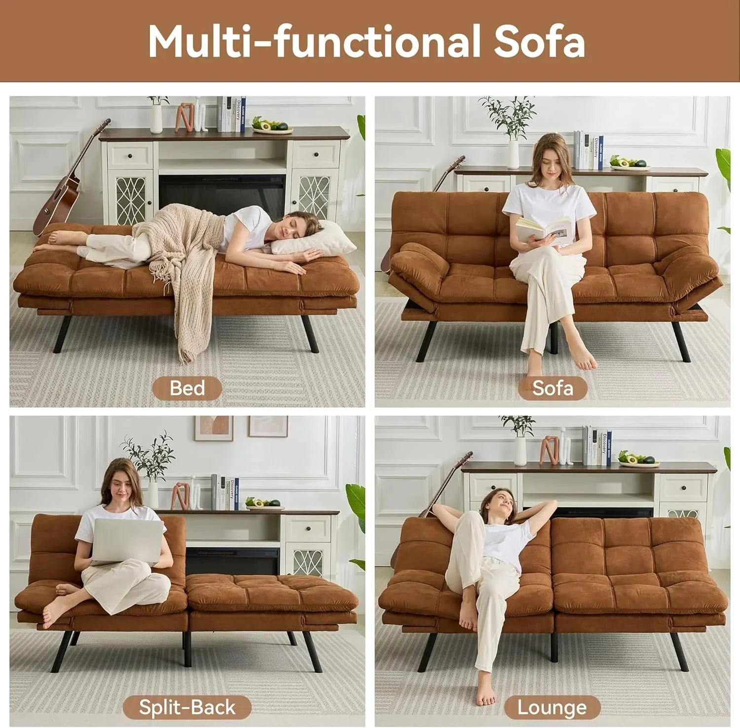 Amazon Basics Brown Loveseat,Convertible Couch Memory Foam Futon Sofa Bed Modern Sleeper Sofa for Small Compact Living Room,Office,Apartment, Linen Fabric