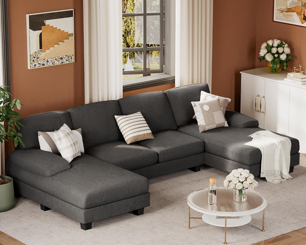 JUMMICO Sectional Couches for Living Room, U Shaped Couch with Chenille Fabric, 4 Seat Modern Sofa with Removable Pillows for Apartment and Small Space (Fabric, Grey)