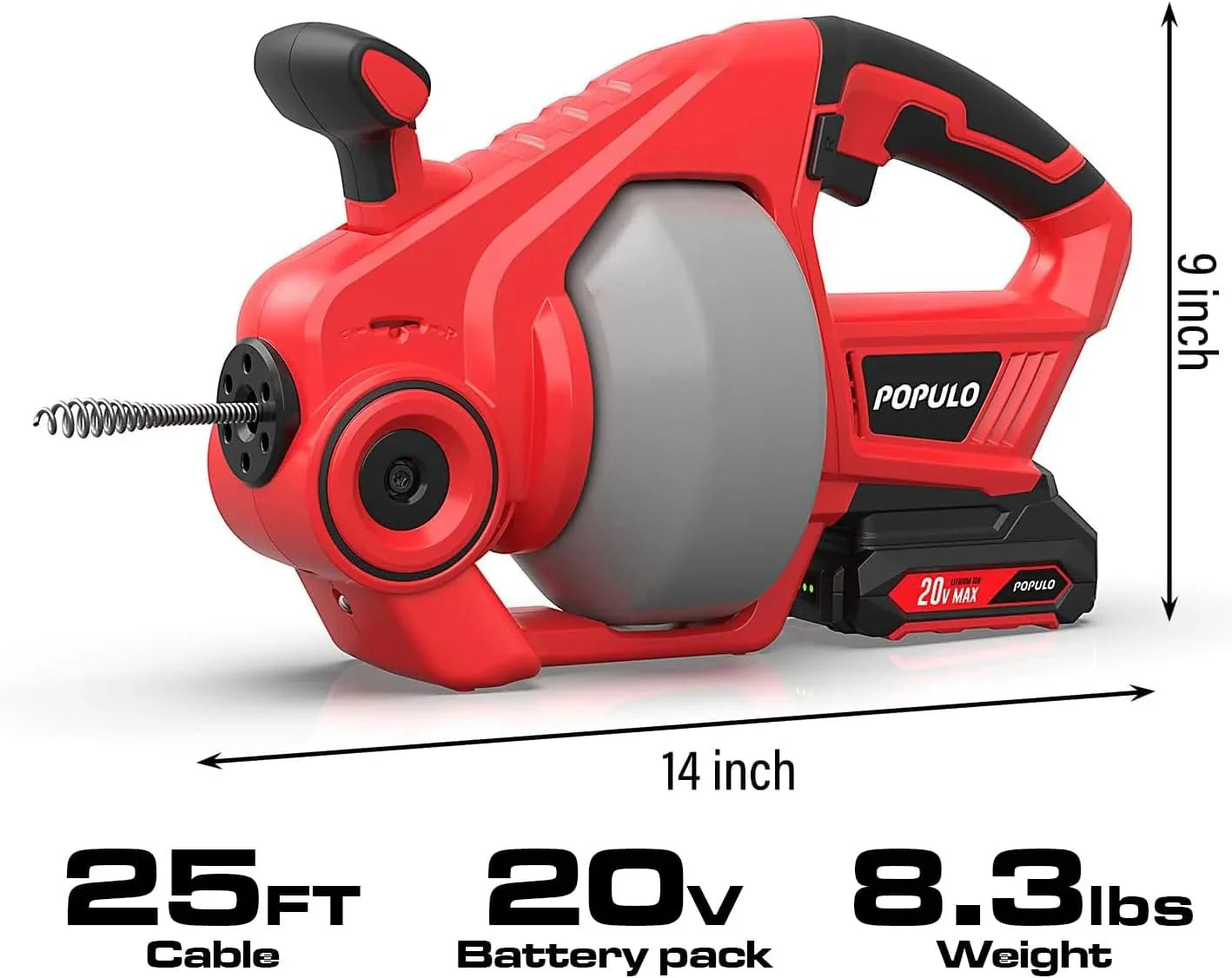 POPULO 20V Cordless Electric Drain Auger-Efficient 25Ft Auto-Feed Drain Snake with Replaceable Cable,2.0Ah Battery,Charger,Storage Bag & Gloves for Kitchen,Bathroom,Shower Pipes (3/4-2)
