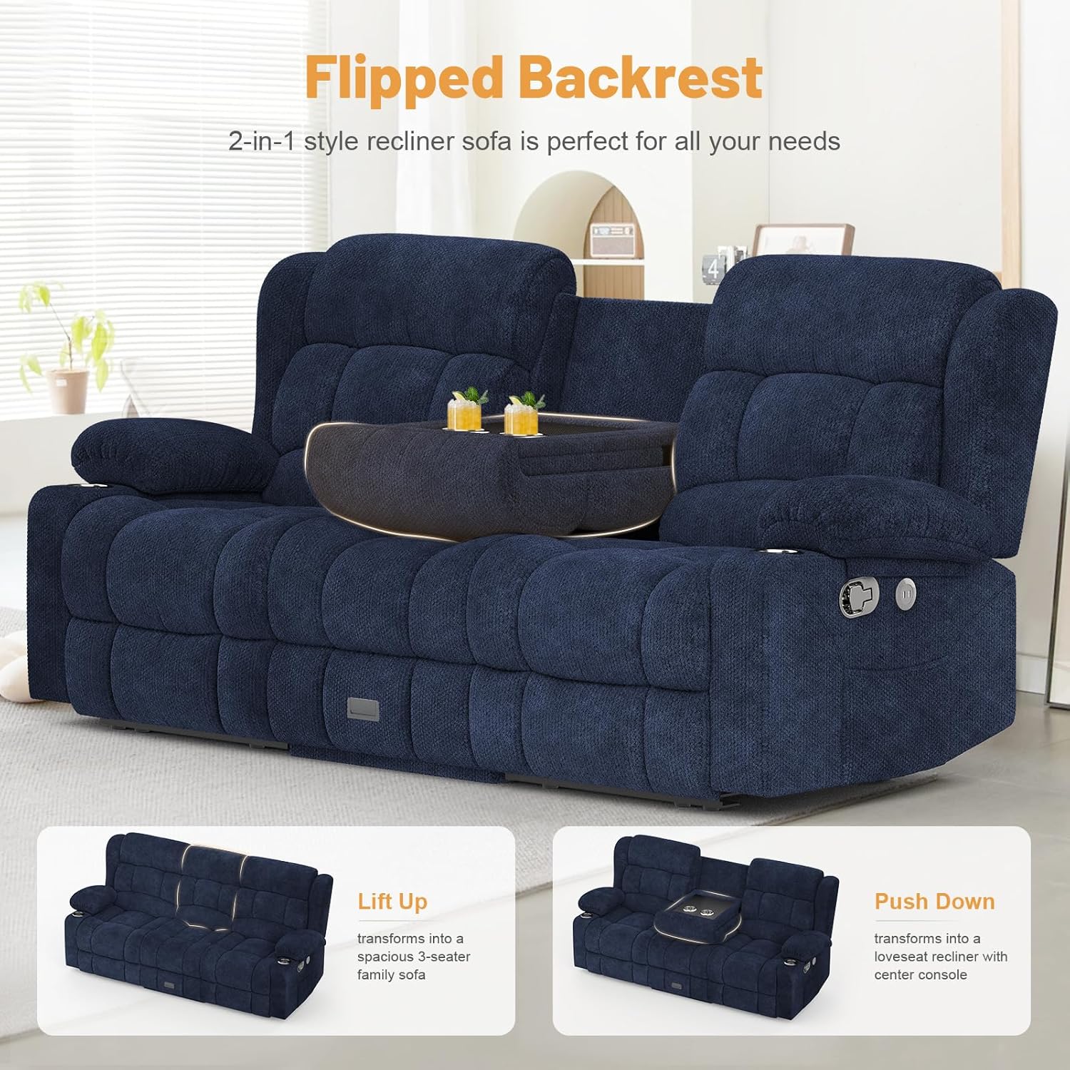 3 Seat Reclining Sofa with Storage Drawer USB Ports & Cup Holders Manual Couch
