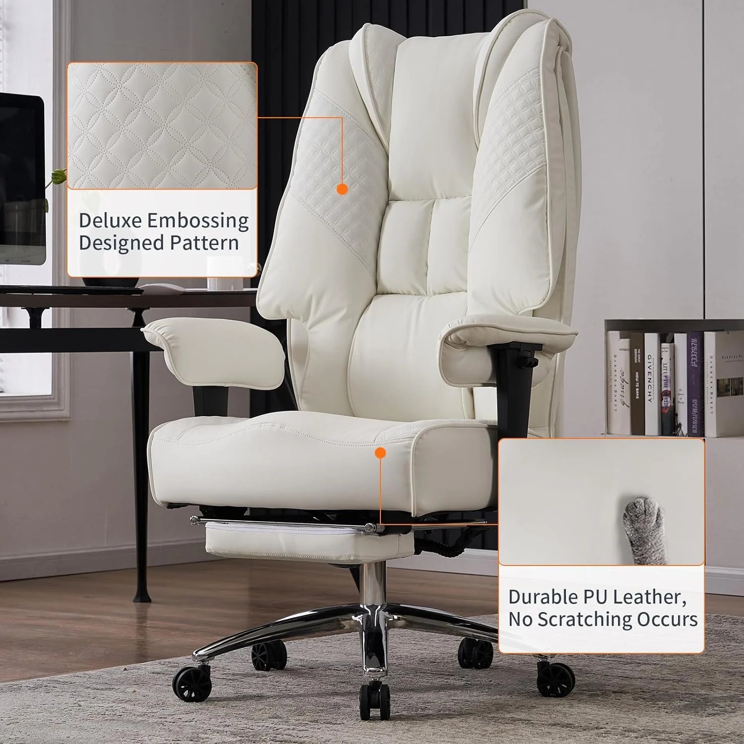 Large Tall Office Chair 400 lbs Wide Seat, Leather High Back Executive Office Chair with Footrest, Ergonomic Office Chair Lumbar Support to Relieve Lower Back Pain (Beige)