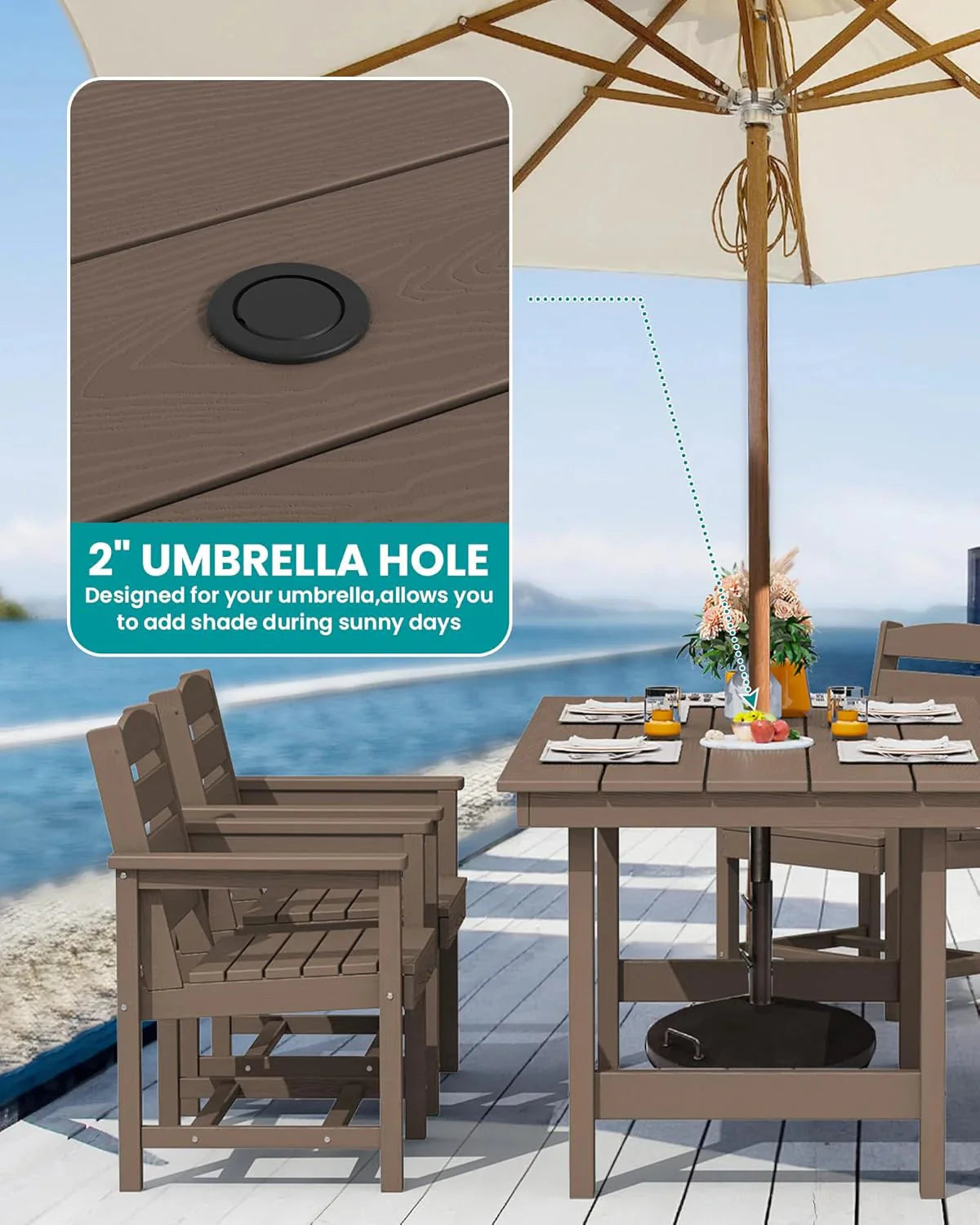 SERWALL 7-Piece Patio Table Set, Outdoor HDPE Dining Furniture with Umbrella Hole, All Weather Table and Chairs for Lawn, Garden, Poolside, Aruba