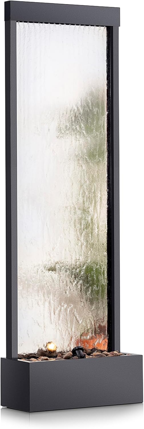 Alpine Mirror Waterfall Fountain with Stones & Lights, 72, Indoor/Outdoor Zen Decor