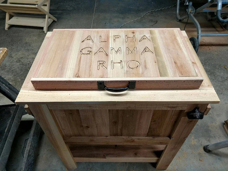 All Weather 48 Quart Antiqued Cedar Cooler Stand with Brass Drain, Bottle Opener and Cap Catcher, Beer Cooler.