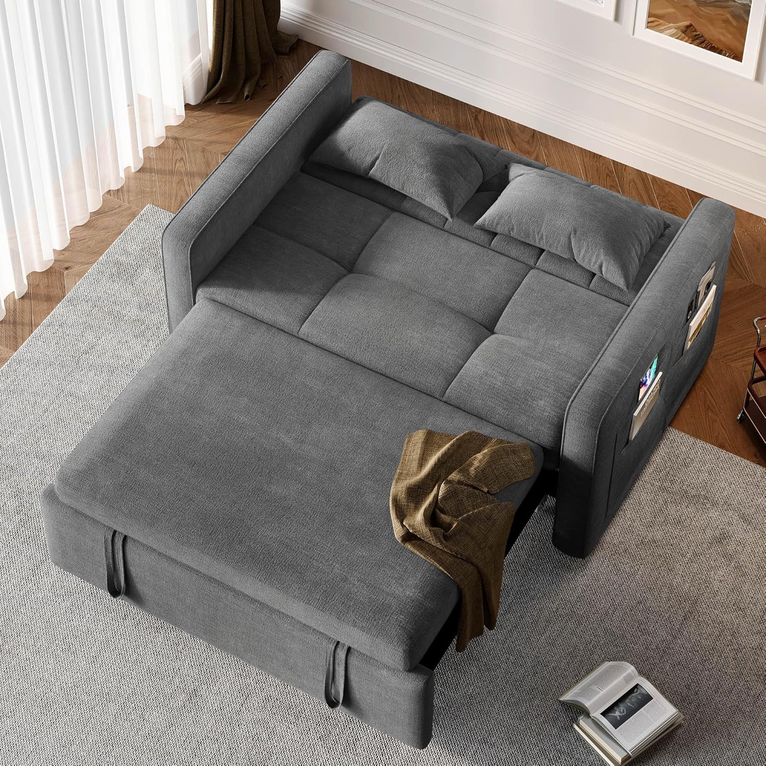 DWVO 3-in-1 Convertible Sofa Bed, 55 Sleeper Sofa with Pull-Out Bed, Cat-Scratch-Proof Fabric Futon Couch with Adjustable Backrest and Side Pocket, Loveseat for Living Room Apartment, Grey